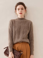 Casual Knitwear Thick Pullover Twist Flower Mock Neck Solid Cashmere Sweater