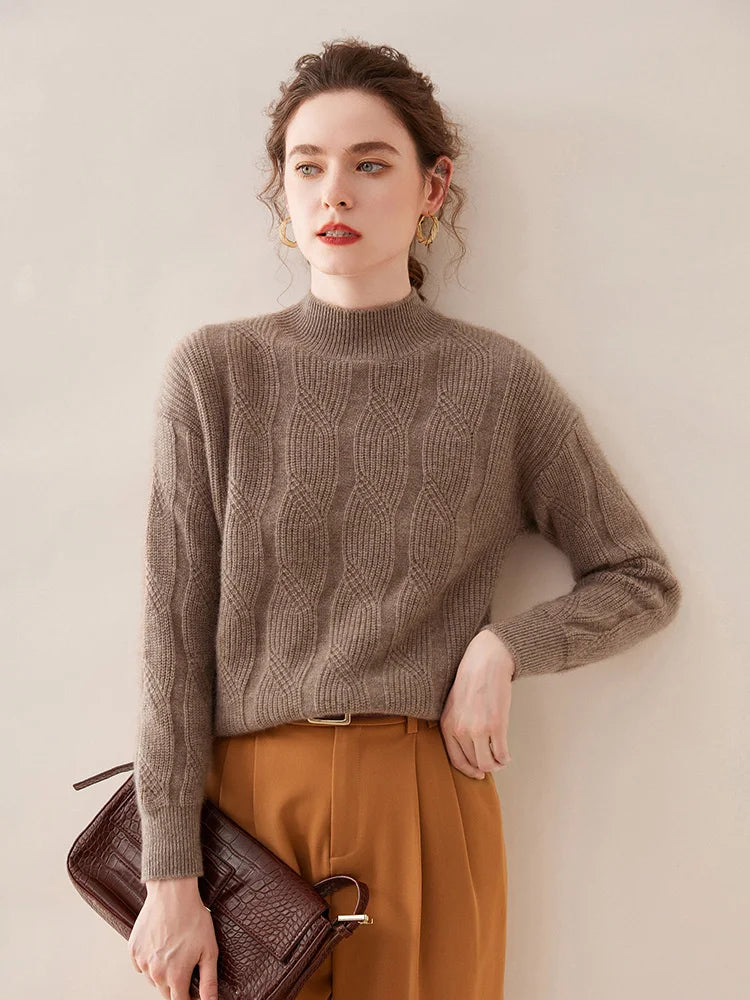 Casual Knitwear Thick Pullover Twist Flower Mock Neck Solid Cashmere Sweater
