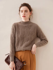 Casual Knitwear Thick Pullover Twist Flower Mock Neck Solid Cashmere Sweater