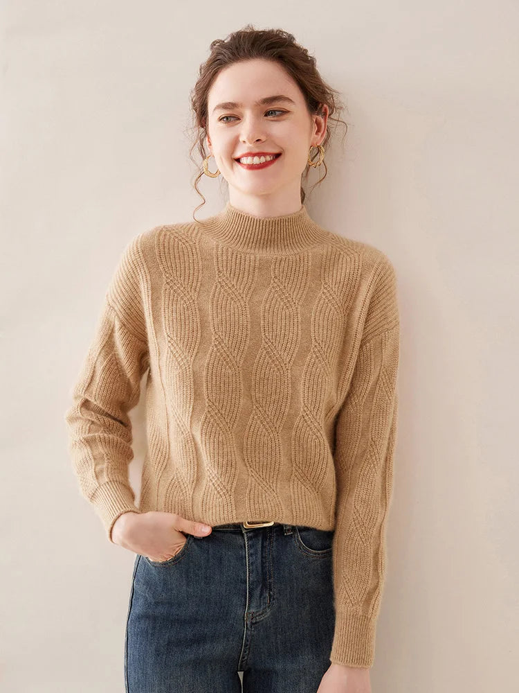 Casual Knitwear Thick Pullover Twist Flower Mock Neck Solid Cashmere Sweater