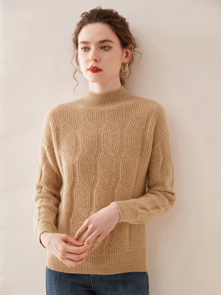 Casual Knitwear Thick Pullover Twist Flower Mock Neck Solid Cashmere Sweater