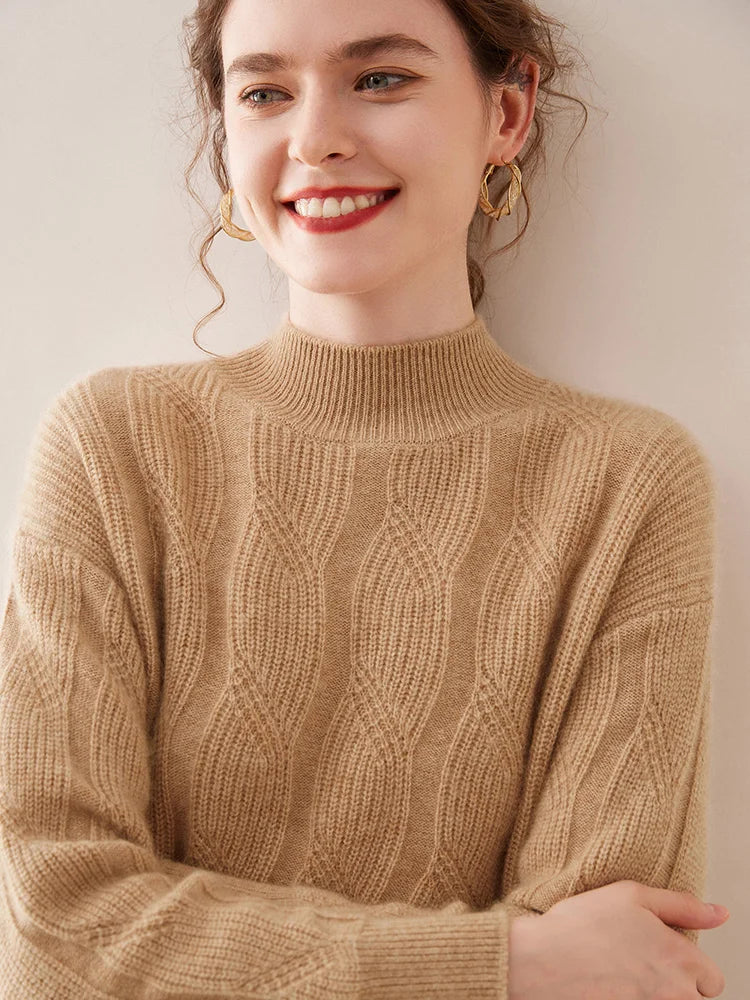 Casual Knitwear Thick Pullover Twist Flower Mock Neck Solid Cashmere Sweater