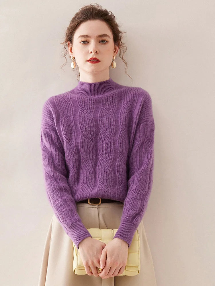 Casual Knitwear Thick Pullover Twist Flower Mock Neck Solid Cashmere Sweater