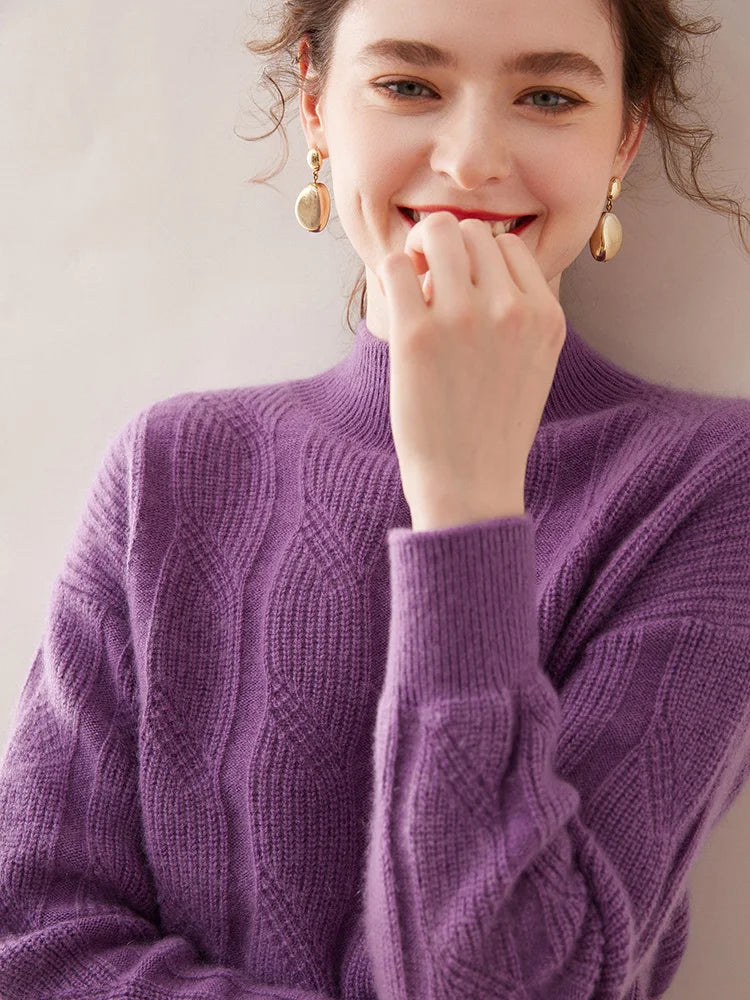 Casual Knitwear Thick Pullover Twist Flower Mock Neck Solid Cashmere Sweater