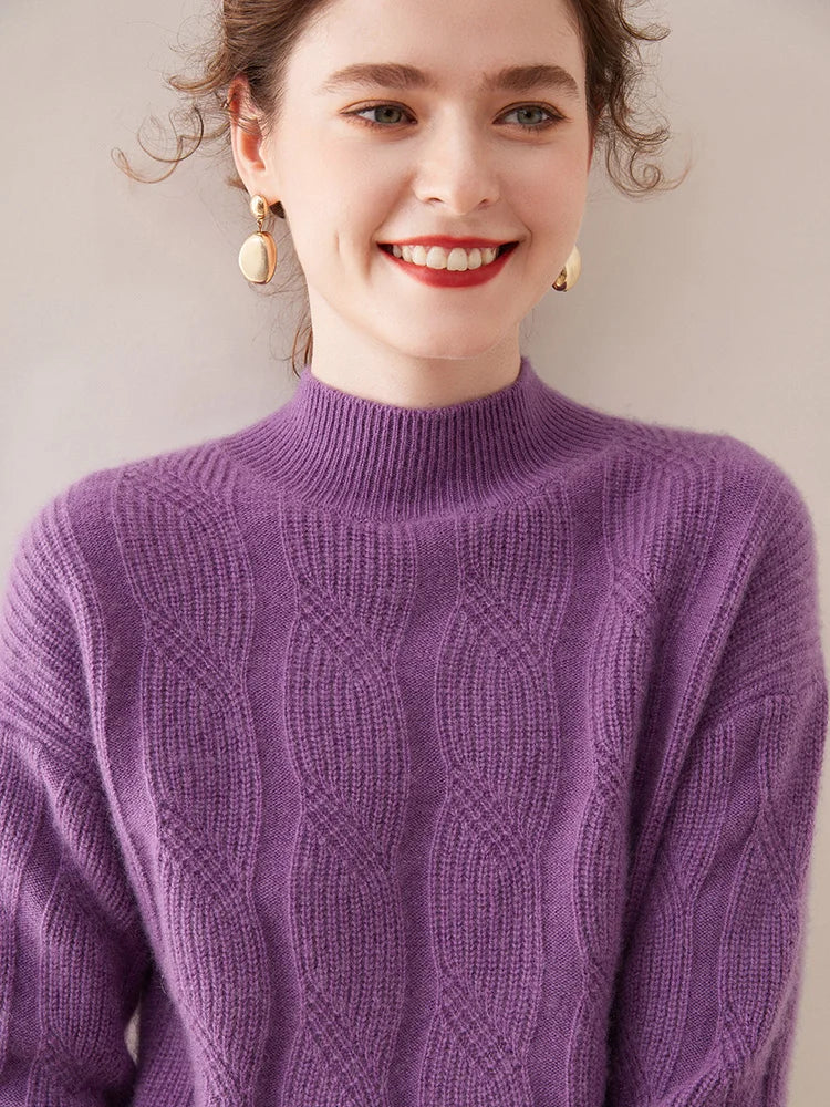 Casual Knitwear Thick Pullover Twist Flower Mock Neck Solid Cashmere Sweater