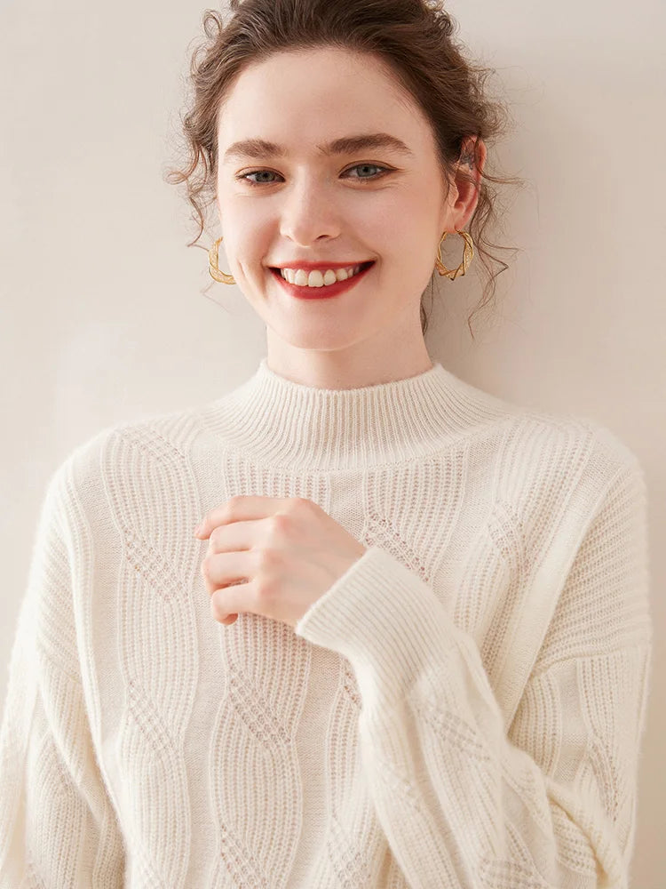 Casual Knitwear Thick Pullover Twist Flower Mock Neck Solid Cashmere Sweater