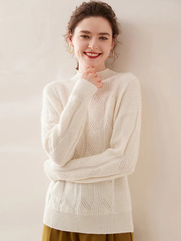 Casual Knitwear Thick Pullover Twist Flower Mock Neck Solid Cashmere Sweater