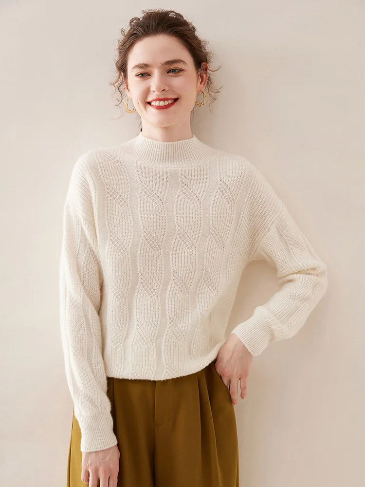 Casual Knitwear Thick Pullover Twist Flower Mock Neck Solid Cashmere Sweater
