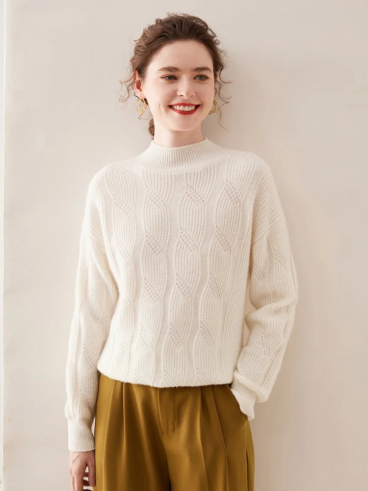 Casual Knitwear Thick Pullover Twist Flower Mock Neck Solid Cashmere Sweater