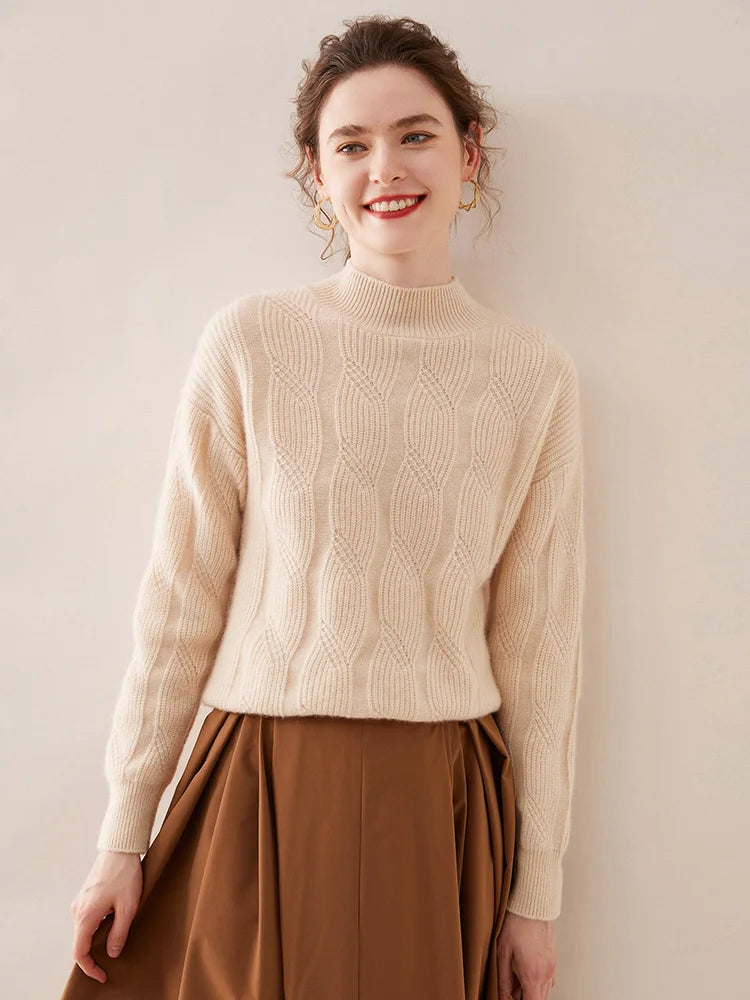 Casual Knitwear Thick Pullover Twist Flower Mock Neck Solid Cashmere Sweater
