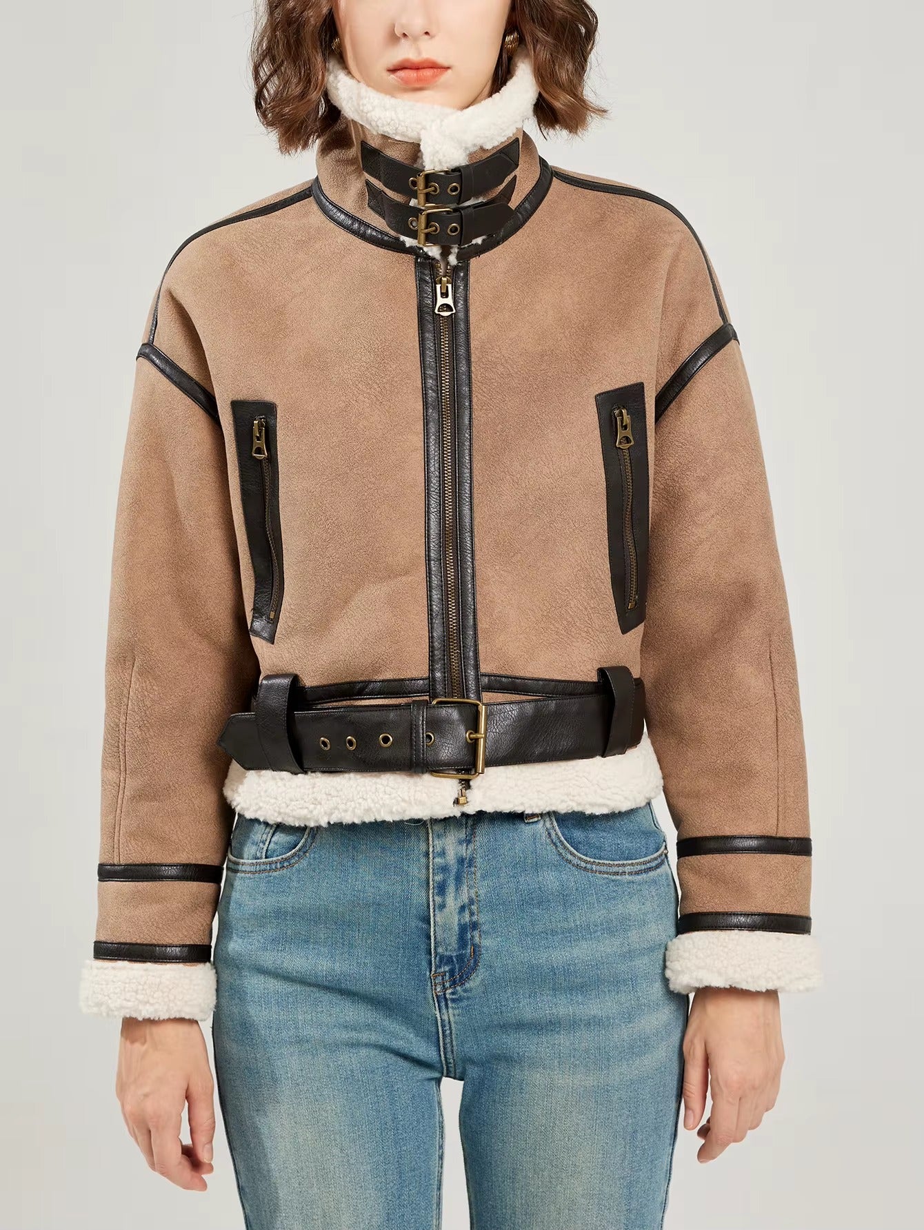 Casual Lamb Wool Patchwork Full Sleeve Faux Suede Leather Jacket