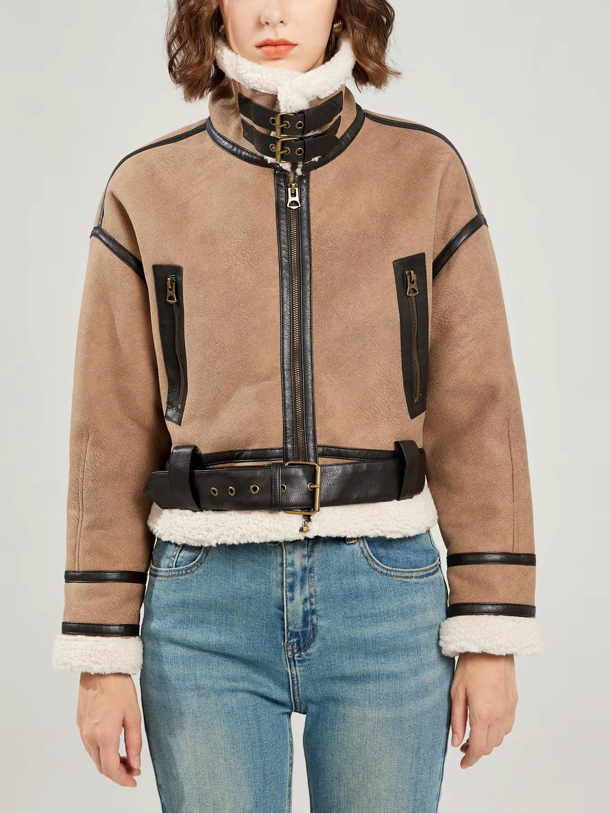 Casual Lamb Wool Patchwork Full Sleeve Faux Suede Leather Jacket