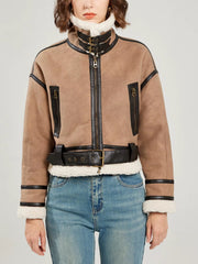 Casual Lamb Wool Patchwork Full Sleeve Faux Suede Leather Jacket