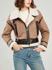 Casual Lamb Wool Patchwork Full Sleeve Faux Suede Leather Jacket
