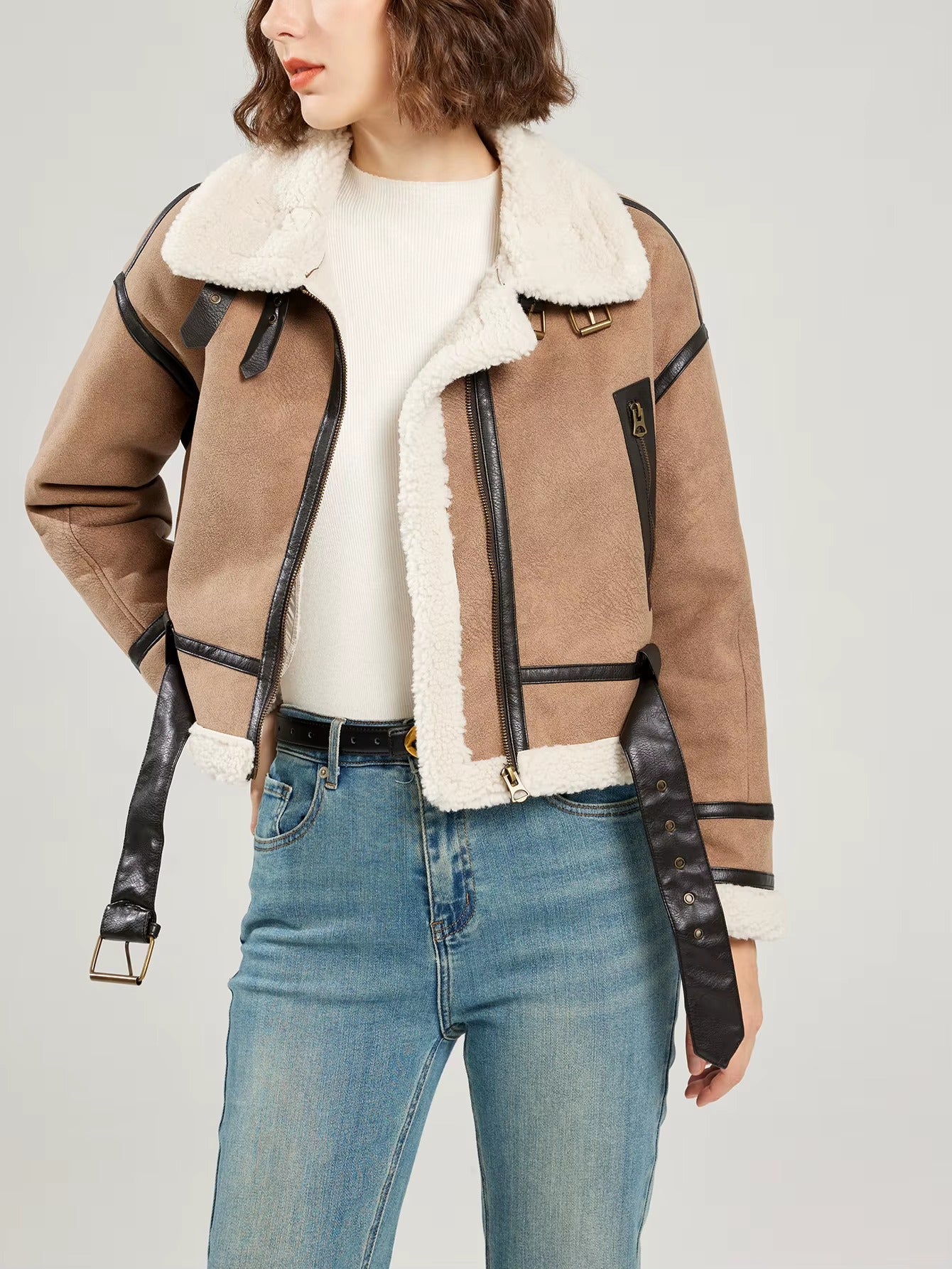 Casual Lamb Wool Patchwork Full Sleeve Faux Suede Leather Jacket