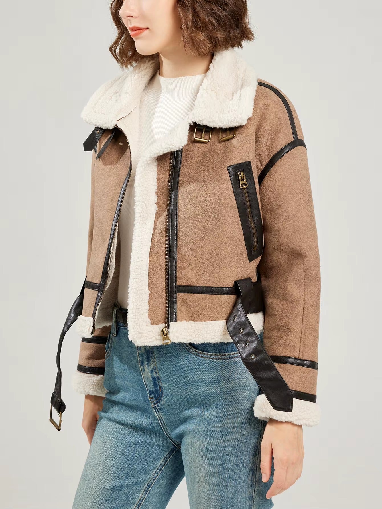 Casual Lamb Wool Patchwork Full Sleeve Faux Suede Leather Jacket