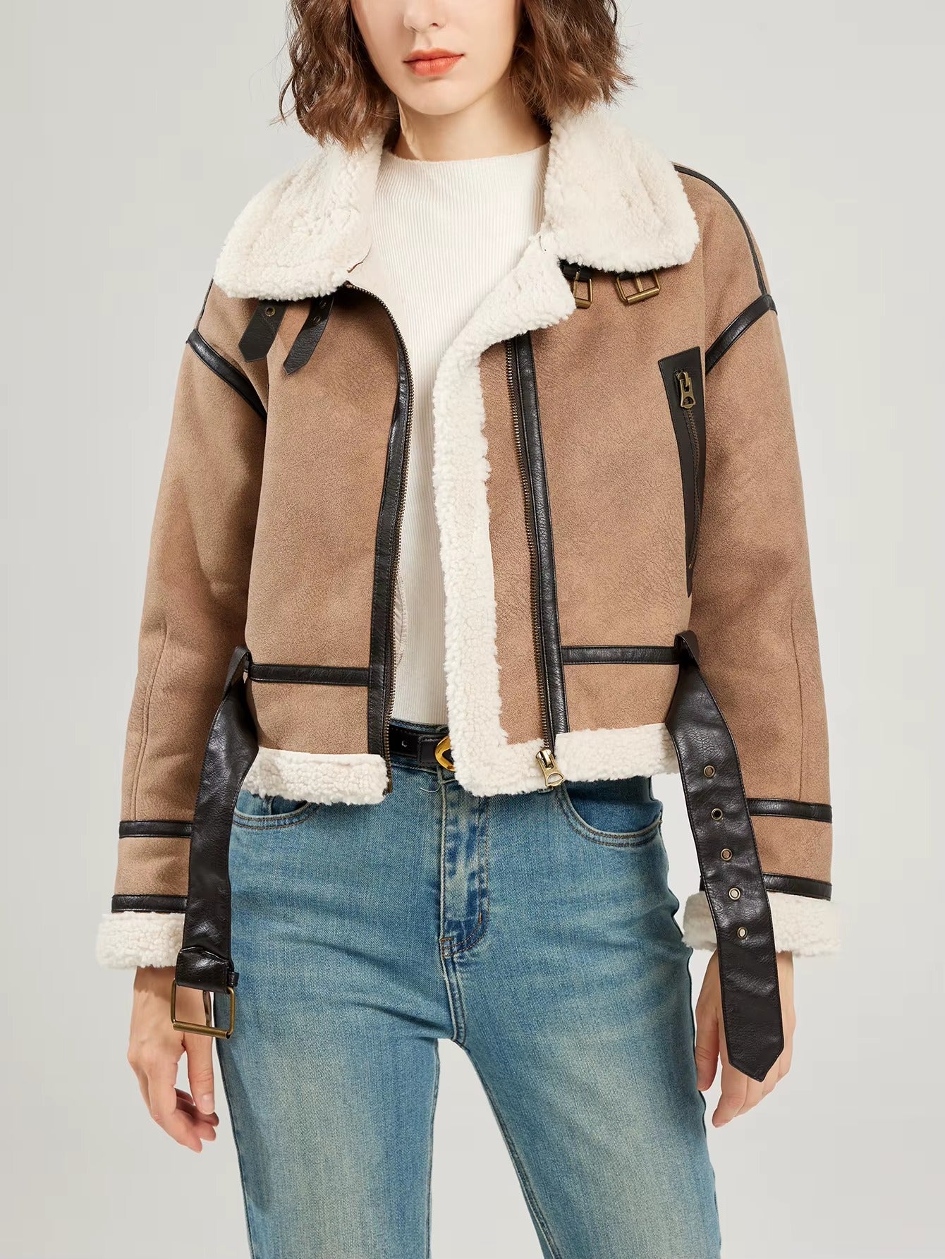 Casual Lamb Wool Patchwork Full Sleeve Faux Suede Leather Jacket