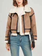 Casual Lamb Wool Patchwork Full Sleeve Faux Suede Leather Jacket