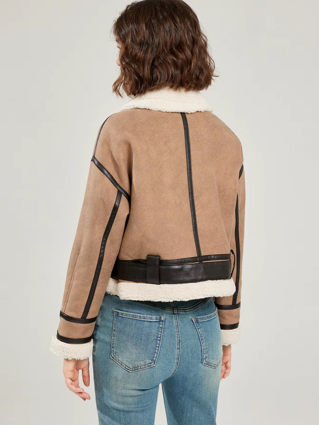 Casual Lamb Wool Patchwork Full Sleeve Faux Suede Leather Jacket