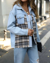 Casual Lapel Button Denim Vintage Plaid Patchwork Denim Jacket