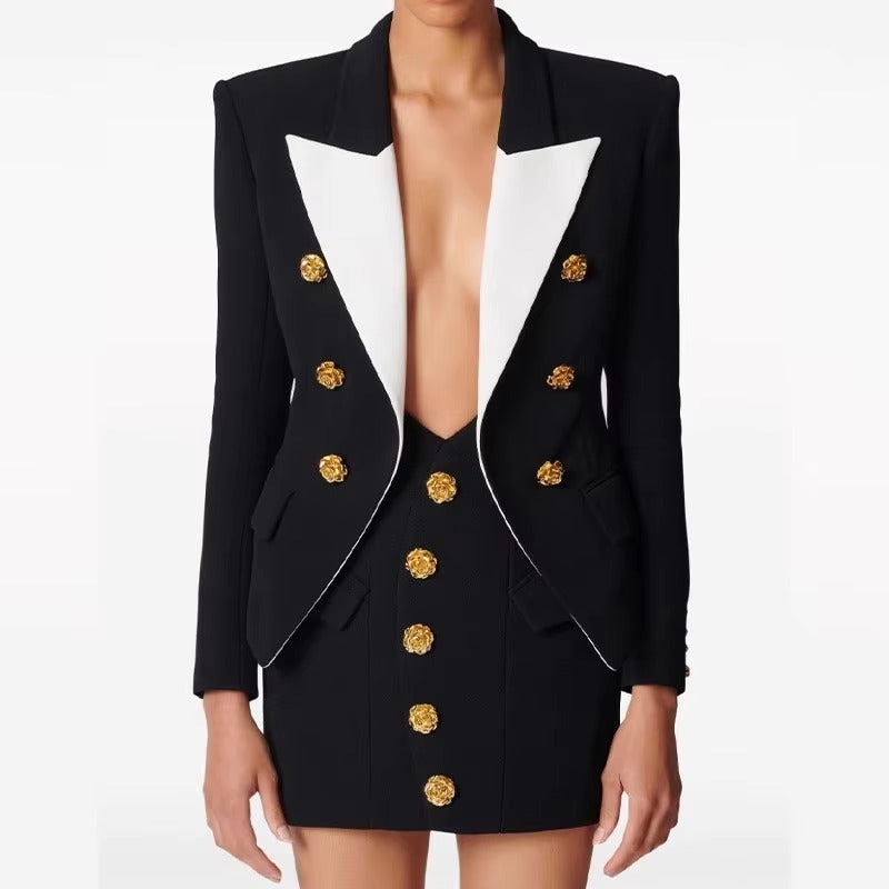 Casual Lapel Double-Breasted Contrast Color Metal Rose Button Slim Suit