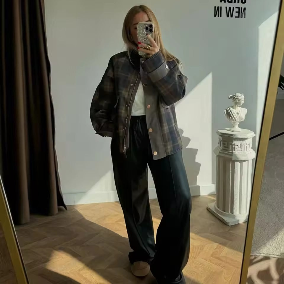 Casual Lapel Long Sleeve Patchwork Button Spliced Check Jackets