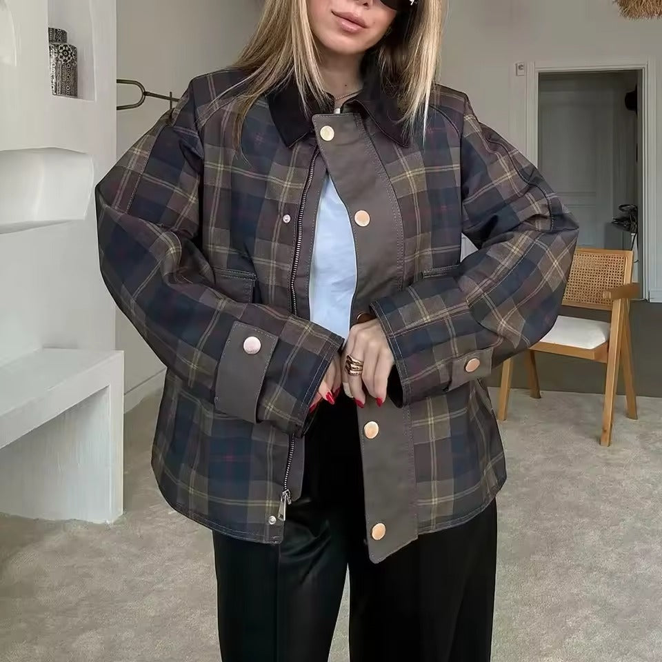 Casual Lapel Long Sleeve Patchwork Button Spliced Check Jackets
