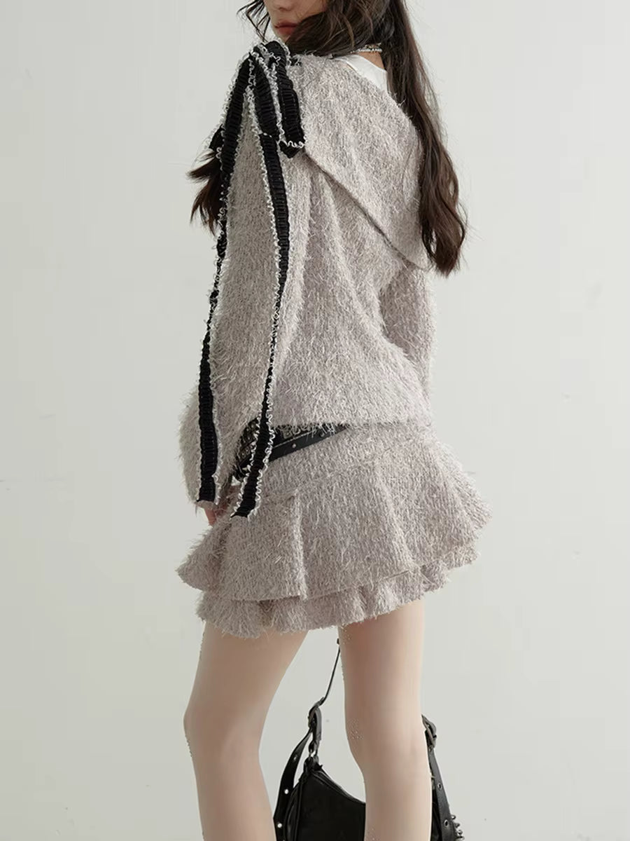 Casual Lapel Long Sleeve Spliced Lace Up Coat High Waist Loose Skirts Two Piece Set
