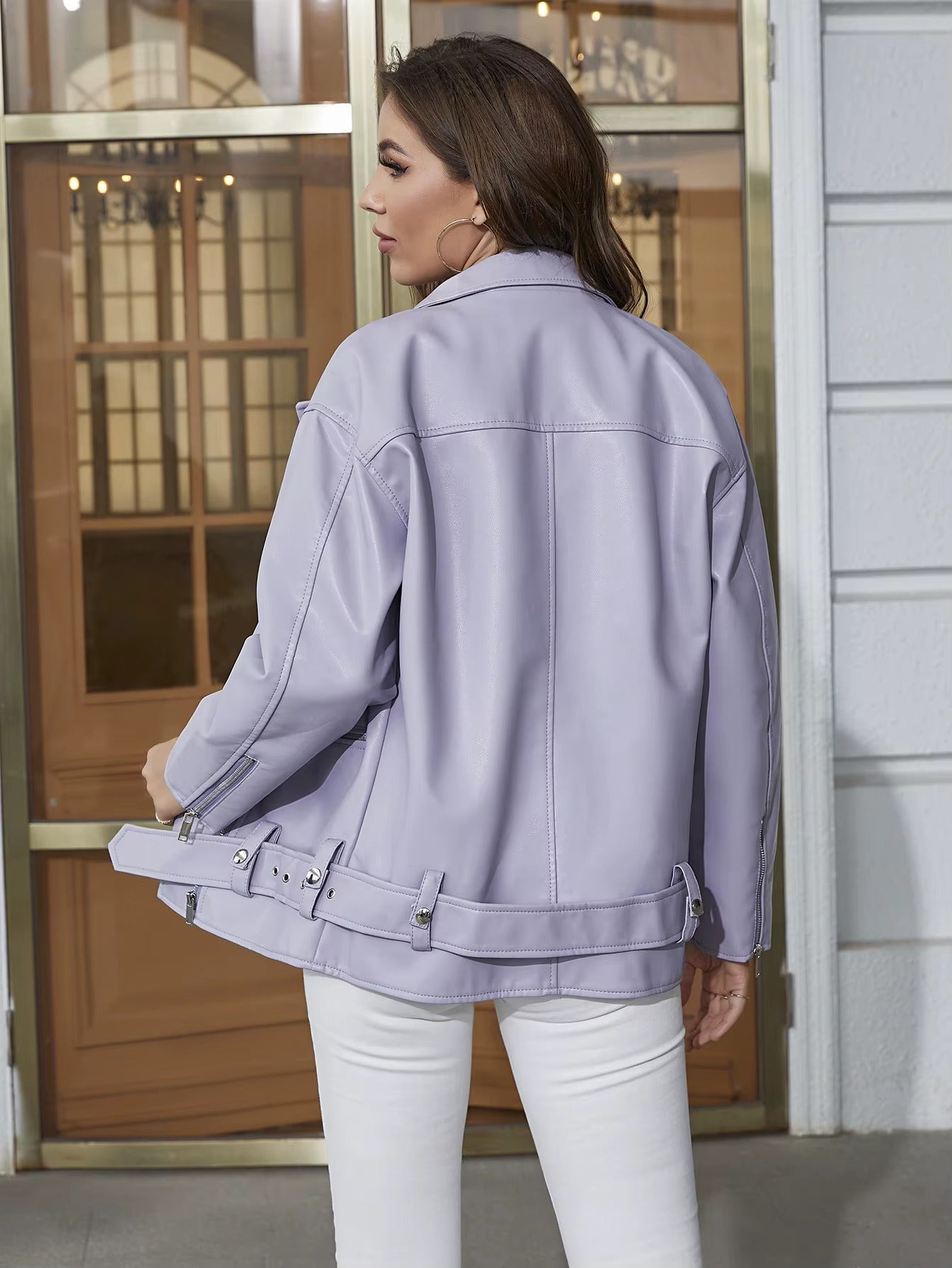 Casual Lapel Zipper Faux PU Leather High Street Jacket with Belt
