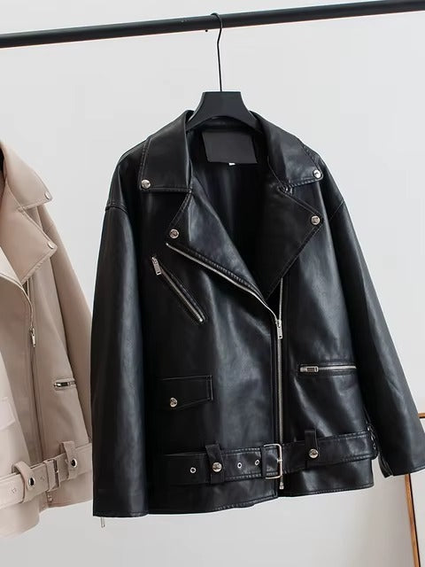 Casual Lapel Zipper Faux PU Leather High Street Jacket with Belt