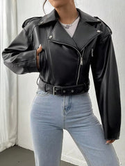 Casual Lapel Zipper Faux PU Leather High Street Leather Jacket