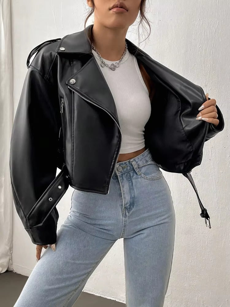 Casual Lapel Zipper Faux PU Leather High Street Leather Jacket