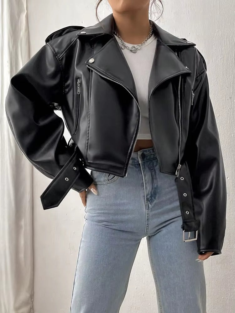 Casual Lapel Zipper Faux PU Leather High Street Leather Jacket
