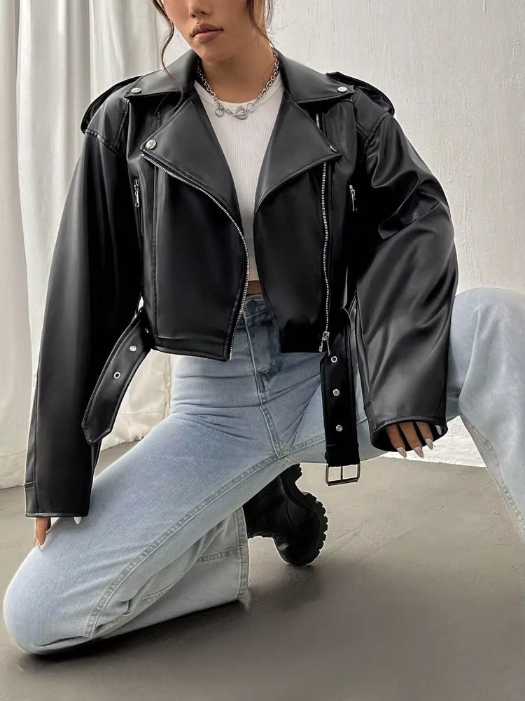 Casual Lapel Zipper Faux PU Leather High Street Leather Jacket