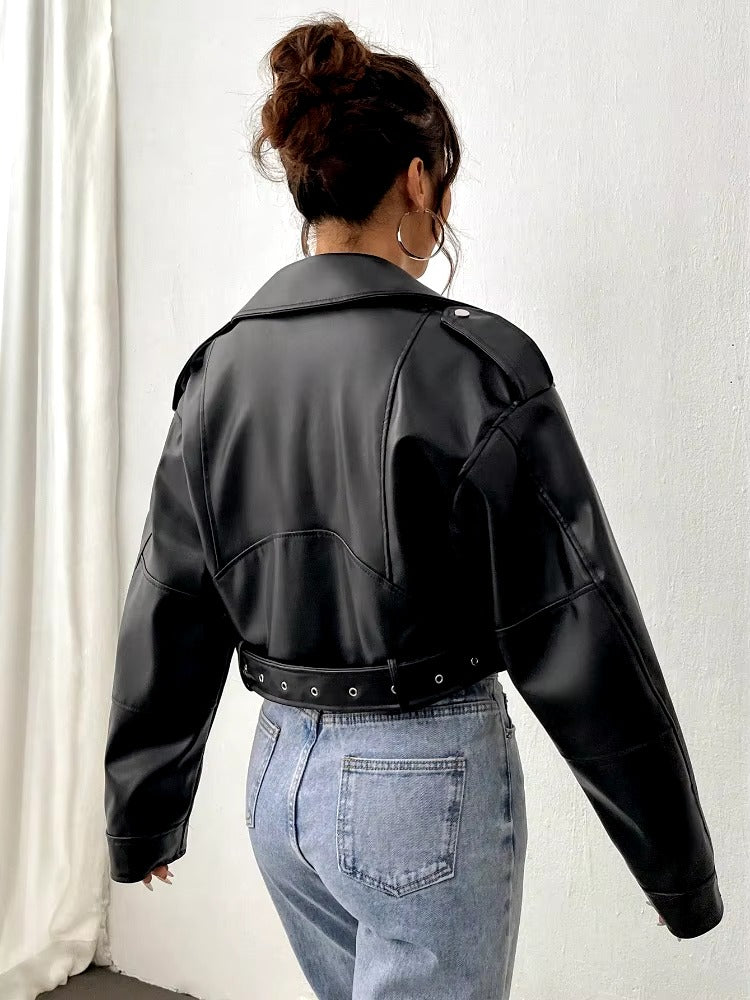 Casual Lapel Zipper Faux PU Leather High Street Leather Jacket