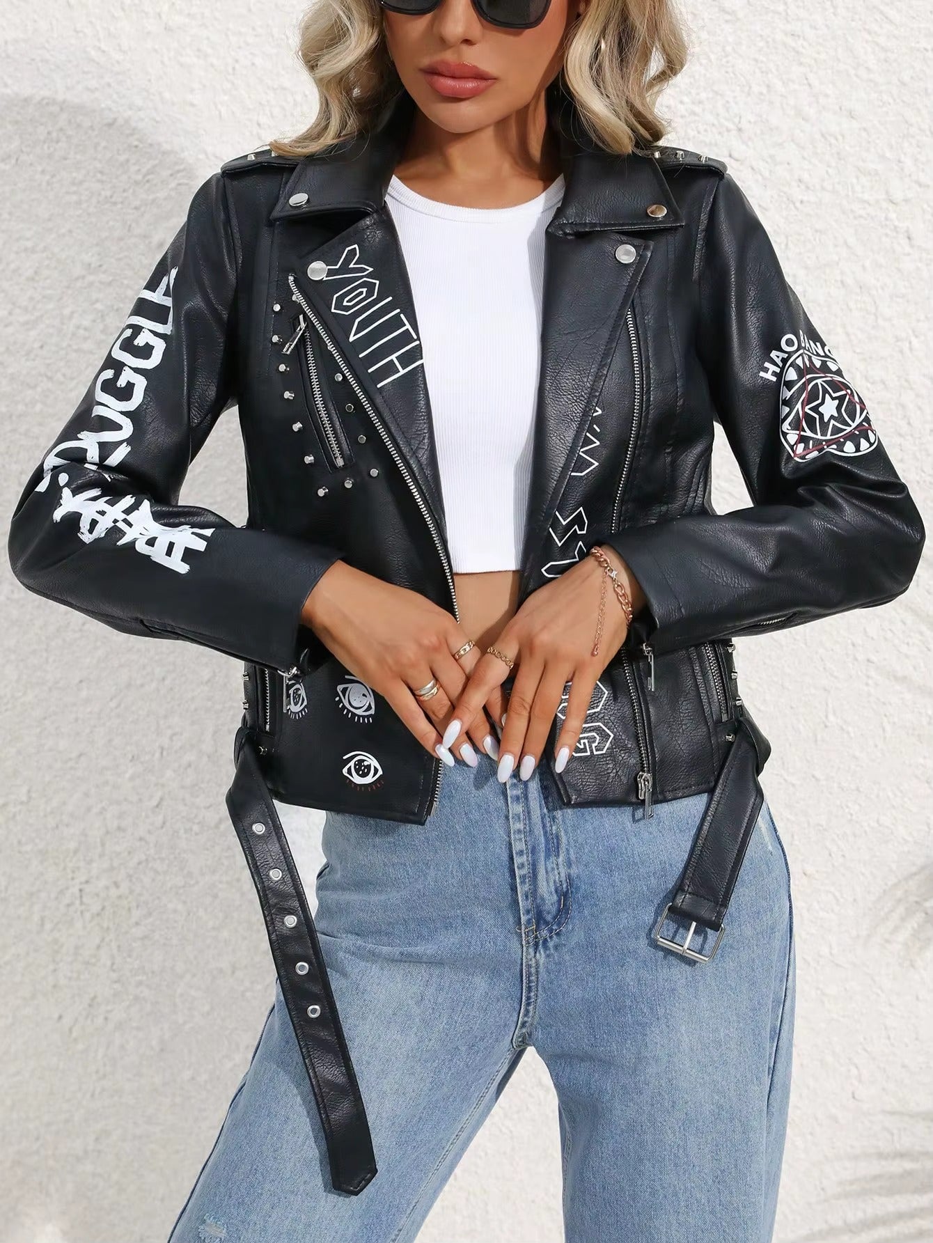 Casual Lapel Zipper Graffiti Print Leather Rivet Faux PU Leather Jacket