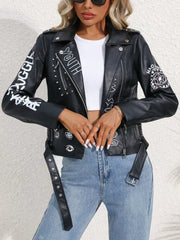 Casual Lapel Zipper Graffiti Print Leather Rivet Faux PU Leather Jacket