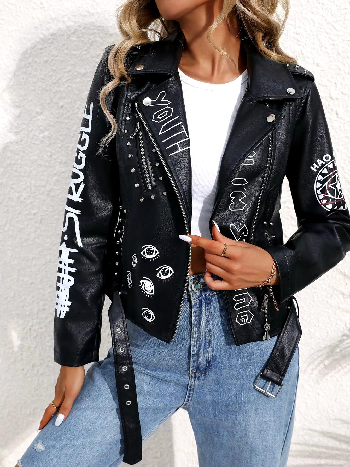 Casual Lapel Zipper Graffiti Print Leather Rivet Faux PU Leather Jacket