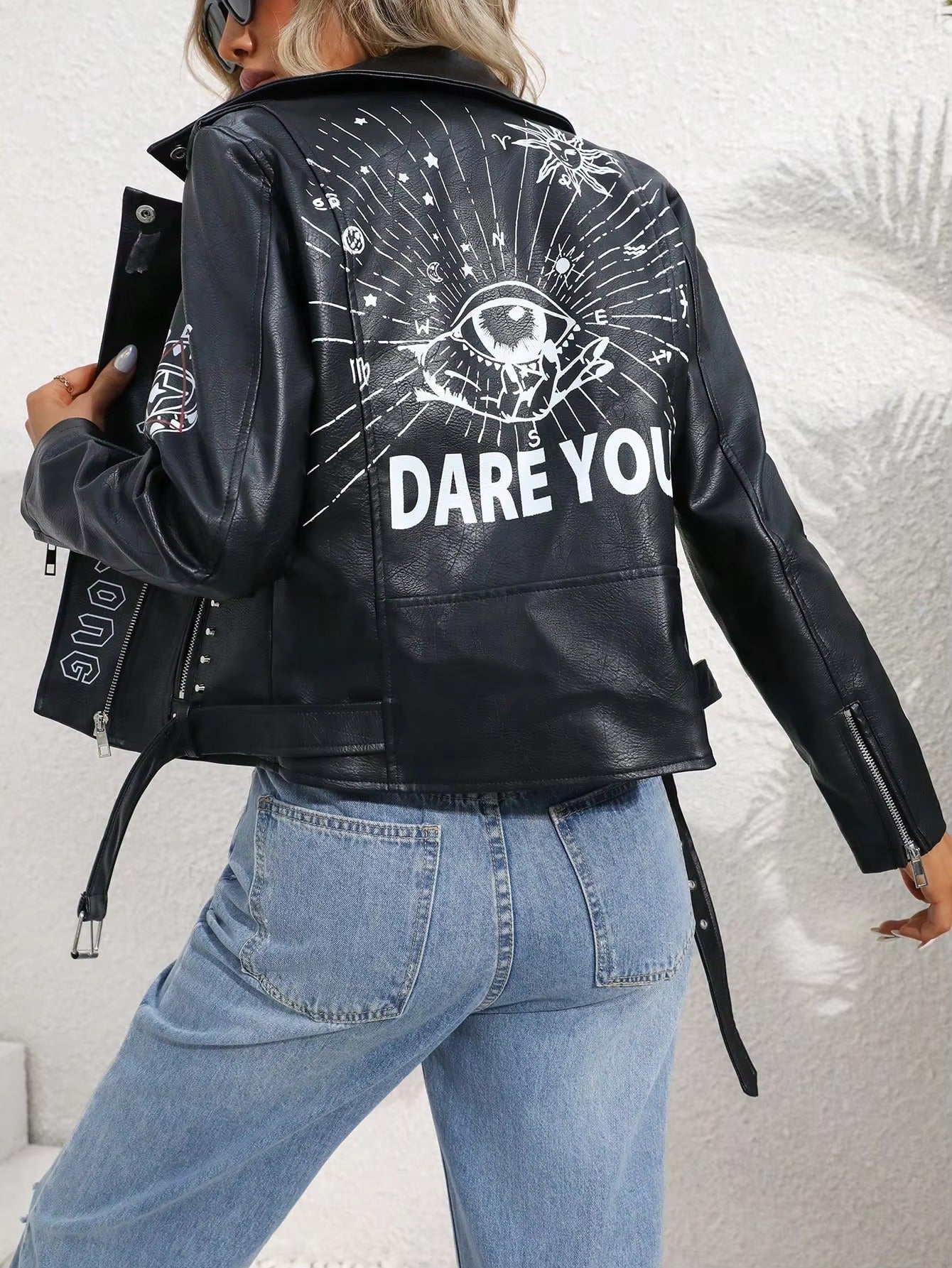 Casual Lapel Zipper Graffiti Print Leather Rivet Faux PU Leather Jacket
