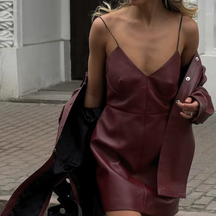Casual Leather Retro Lapel Cardigan Coat And Mini Dress 2 Piece Set
