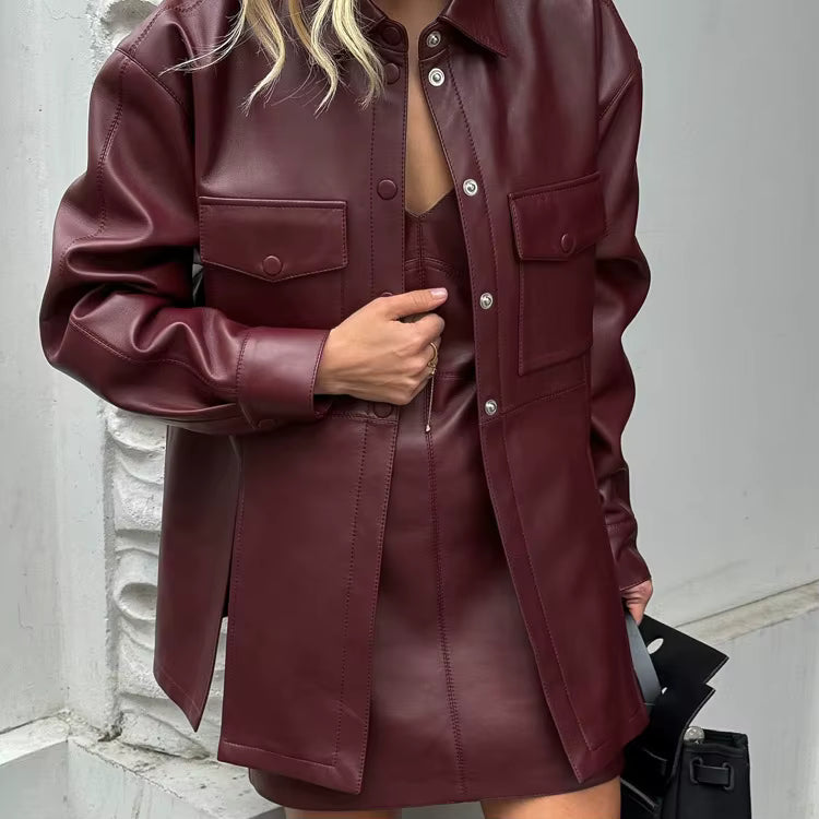 Casual Leather Retro Lapel Cardigan Coat And Mini Dress 2 Piece Set