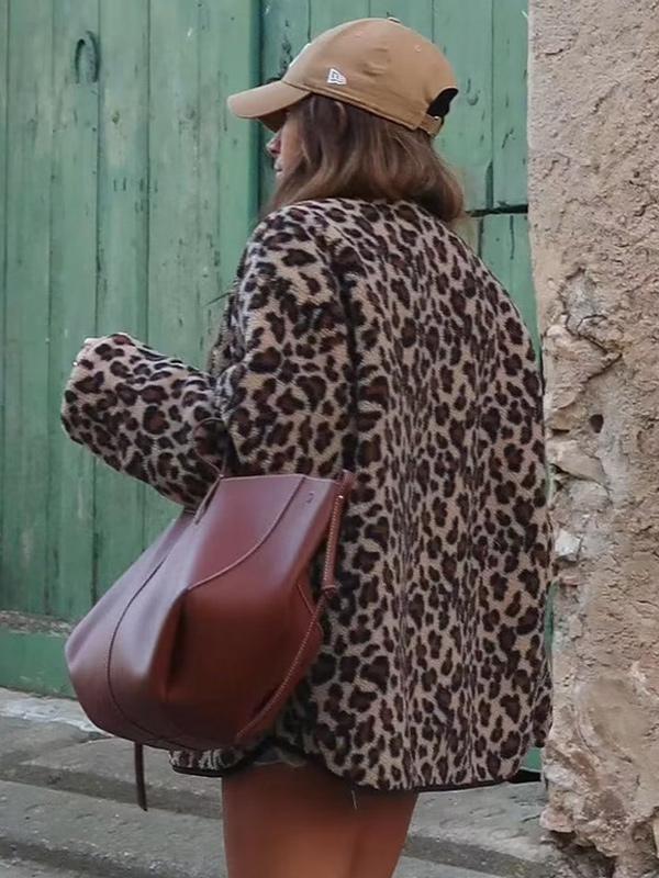 Casual Leopard Jewel Pockets Buttons Long Sleeve Party Jackets