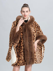 Casual Faux Fur Leopard Print Hooded Outerwear Poncho Cape