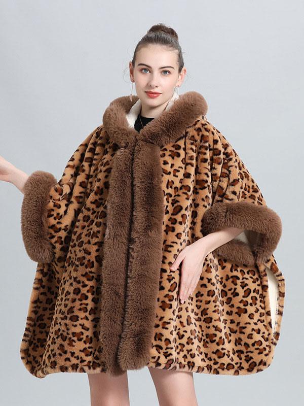 Casual Faux Fur Leopard Print Hooded Outerwear Poncho Cape