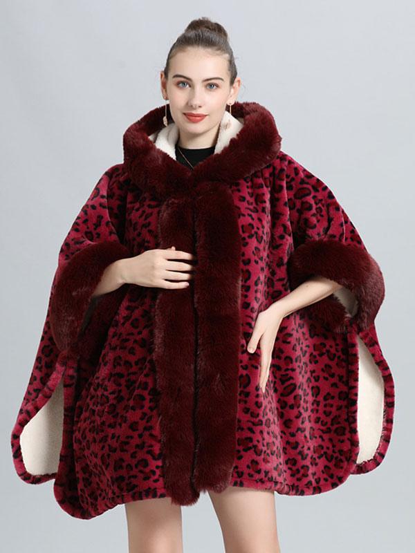Casual Faux Fur Leopard Print Hooded Outerwear Poncho Cape