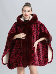 Casual Faux Fur Leopard Print Hooded Outerwear Poncho Cape