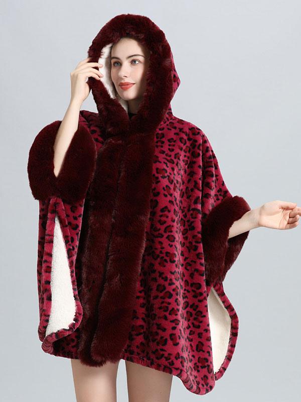 Casual Faux Fur Leopard Print Hooded Outerwear Poncho Cape