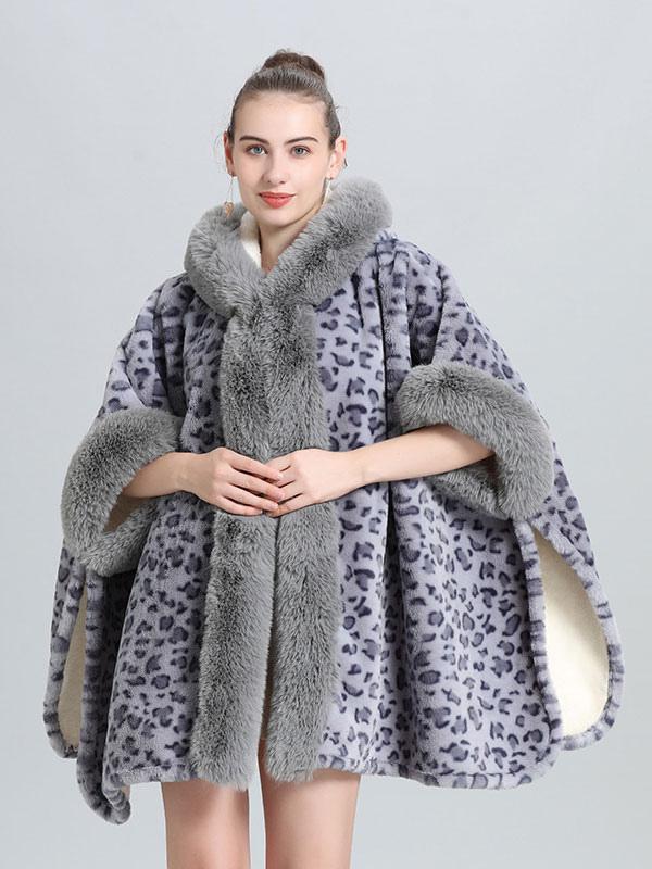 Casual Faux Fur Leopard Print Hooded Outerwear Poncho Cape