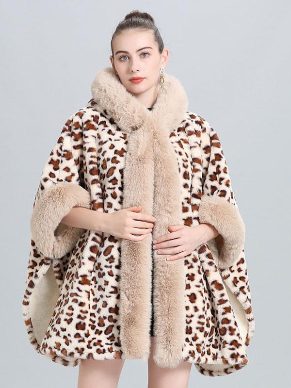 Casual Faux Fur Leopard Print Hooded Outerwear Poncho Cape