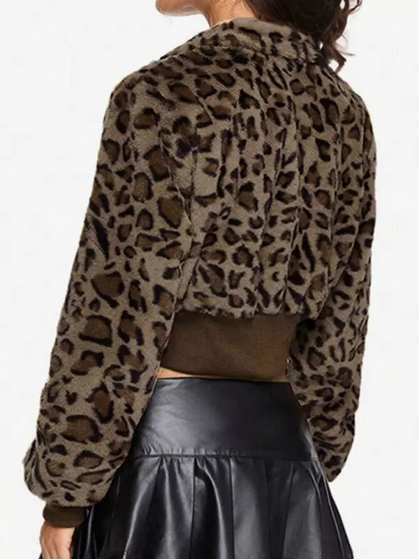 Casual Leopard Print Outerwear Fuzzy Cropped Zip-up Jacket